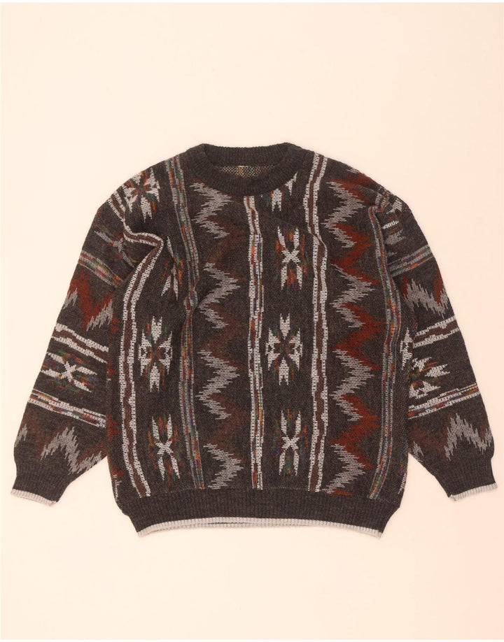 Maglione maglione girocollo da uomo vintage grigio medio geometrico