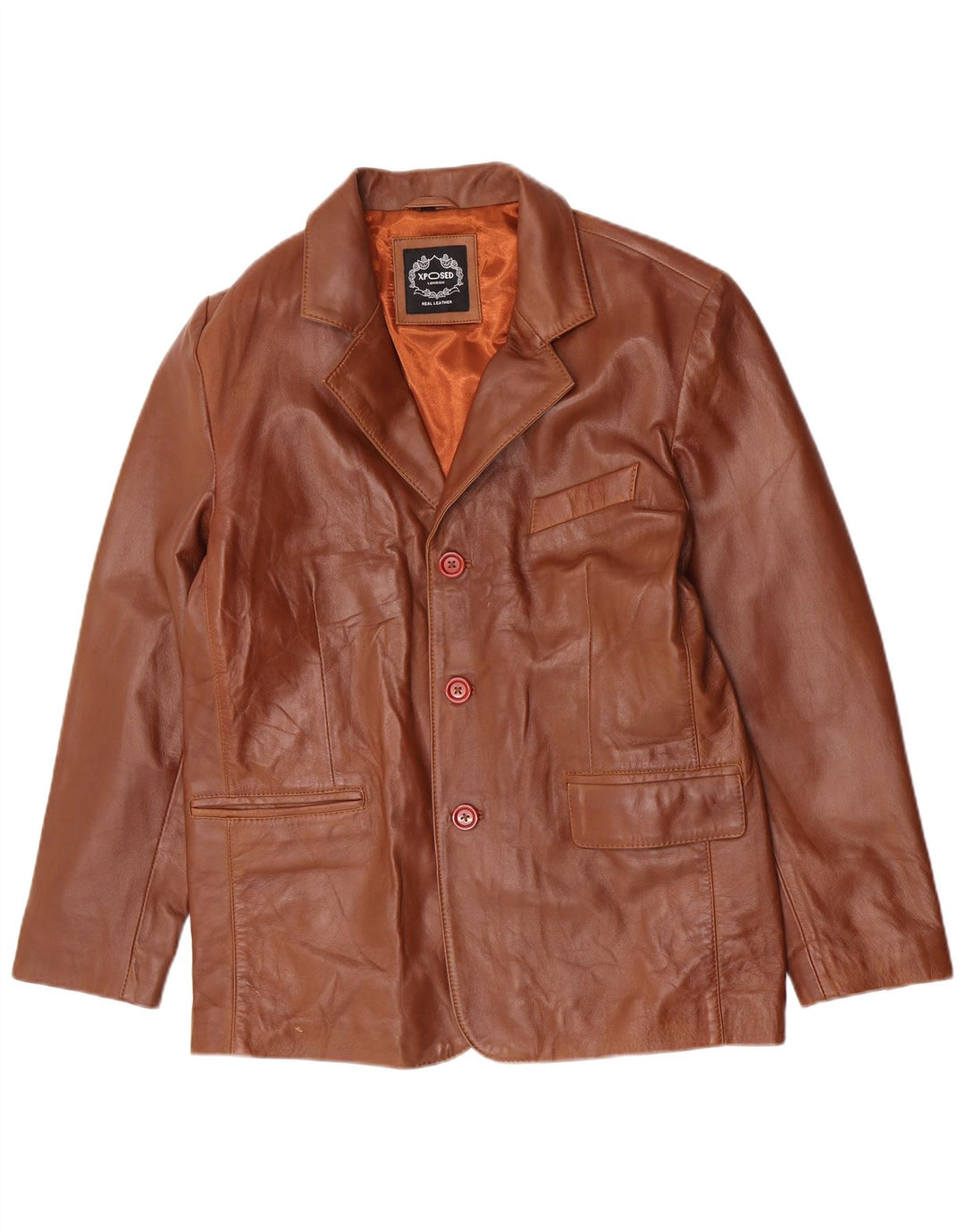 Giacca blazer in pelle vintage da uomo a 3 bottoni UK 40 grande in pelle marrone