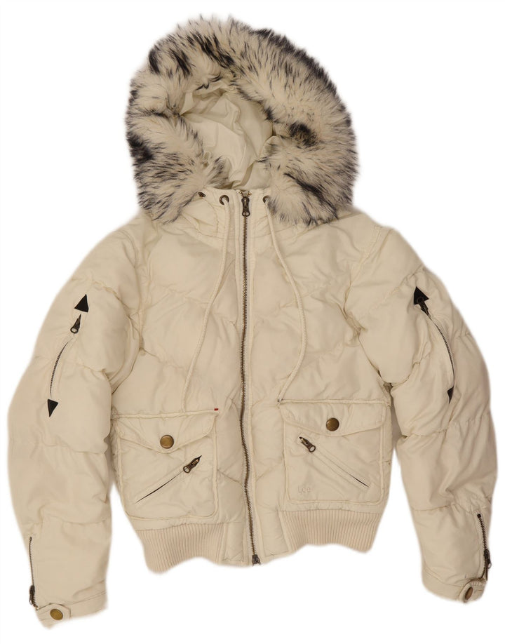 Giacca imbottita bomber con cappuccio da donna Lee UK 10 piccola in poliestere bianco sporco