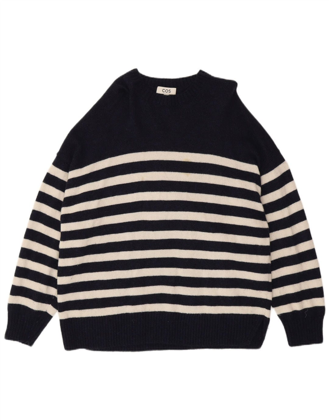 Maglione maglione girocollo da donna Cos UK 14 Lana a righe blu navy medio