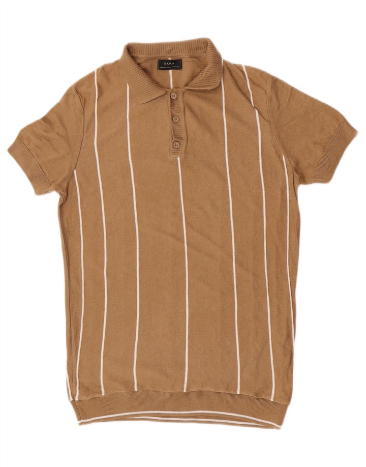 Zara Maglione da uomo a maniche corte con collo a polo, maglione a righe marrone medio