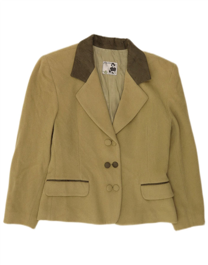Giacca blazer doppiopetto vintage da donna UK 10 piccola lana kaki