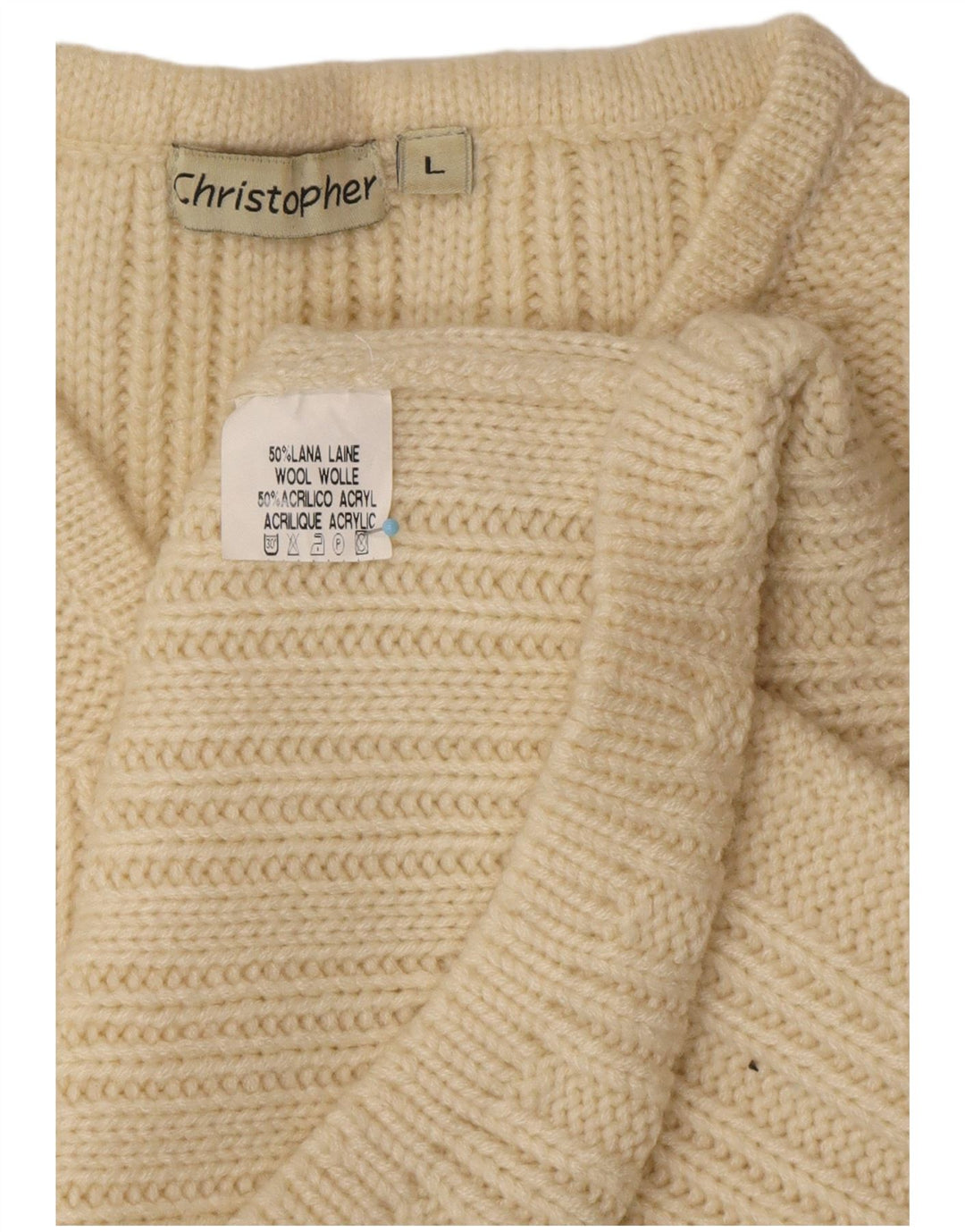 VINTAGE Uomo Maglione con scollo a V Maglione grande in lana bianco sporco