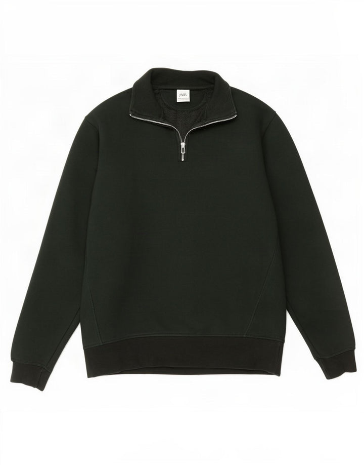 Felpa Zara da uomo con collo con zip, maglione, cotone verde medio