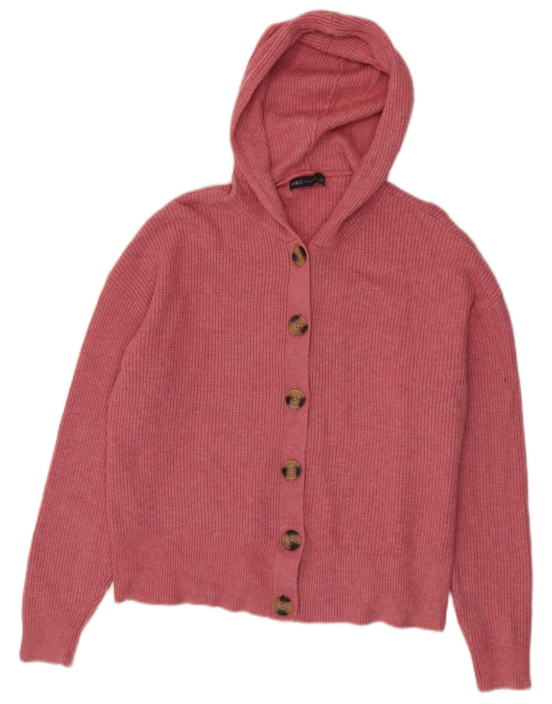 MARKS & SPENCER Maglione cardigan con cappuccio da donna UK 16 Large Rosa Viscosa
