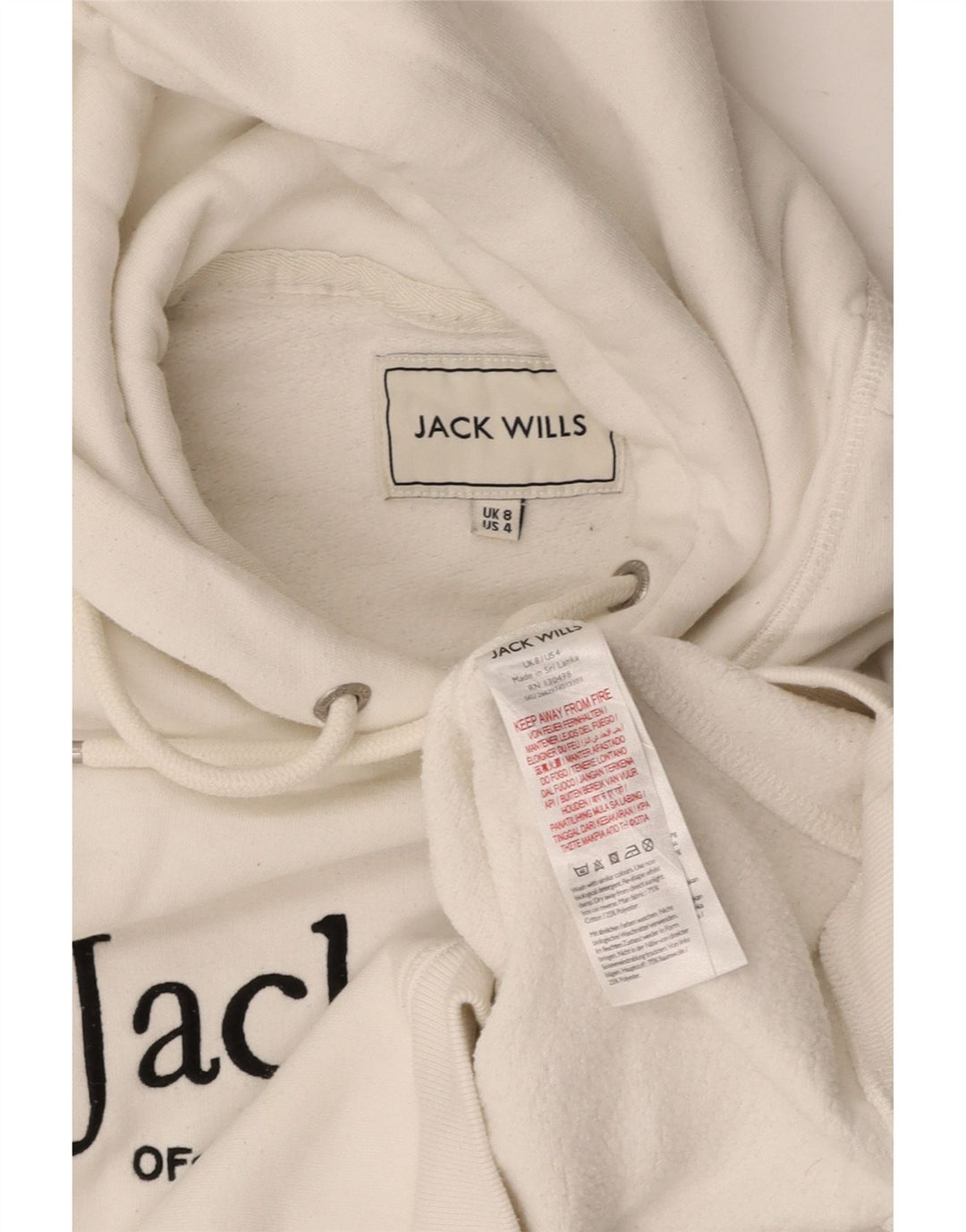 JACK WILLS Maglione con cappuccio grafico da donna corto UK 8 piccolo cotone bianco