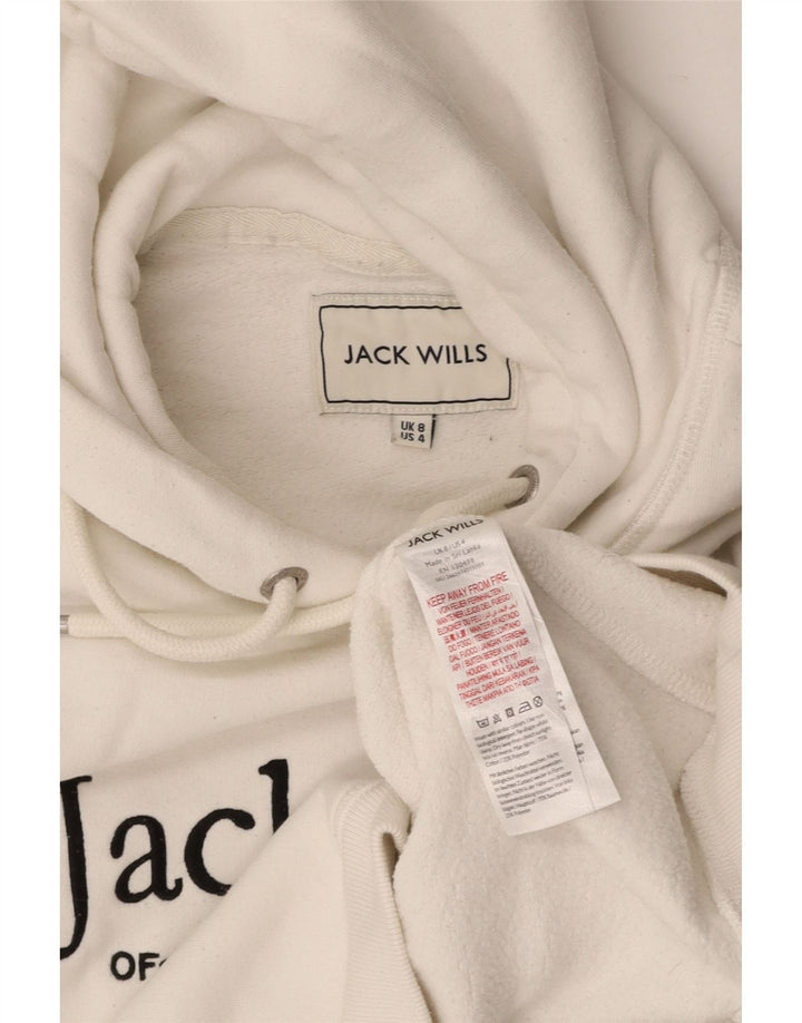 JACK WILLS Maglione con cappuccio grafico da donna corto UK 8 piccolo cotone bianco