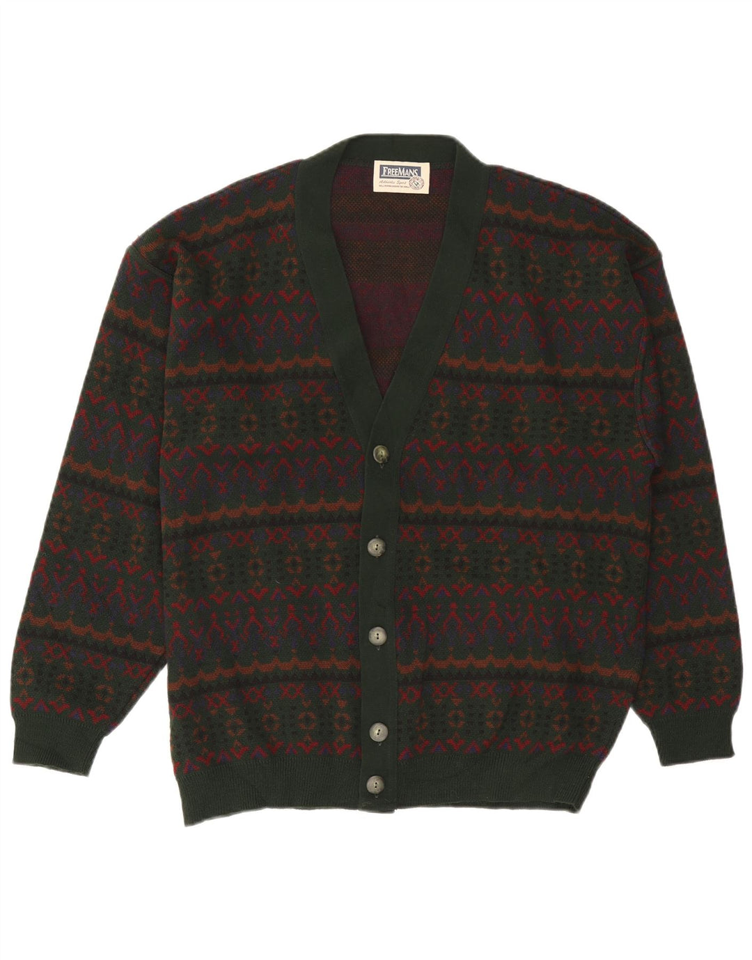 Maglione cardigan vintage da uomo grande acrilico verde Fair Isle