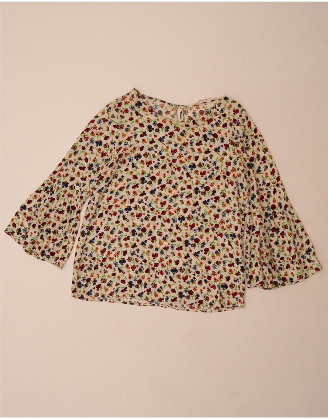 ZARA Camicetta da Donna con Maniche a 3/4 Top UK 10 Piccola Viscosa Floreale Bianco Sporco