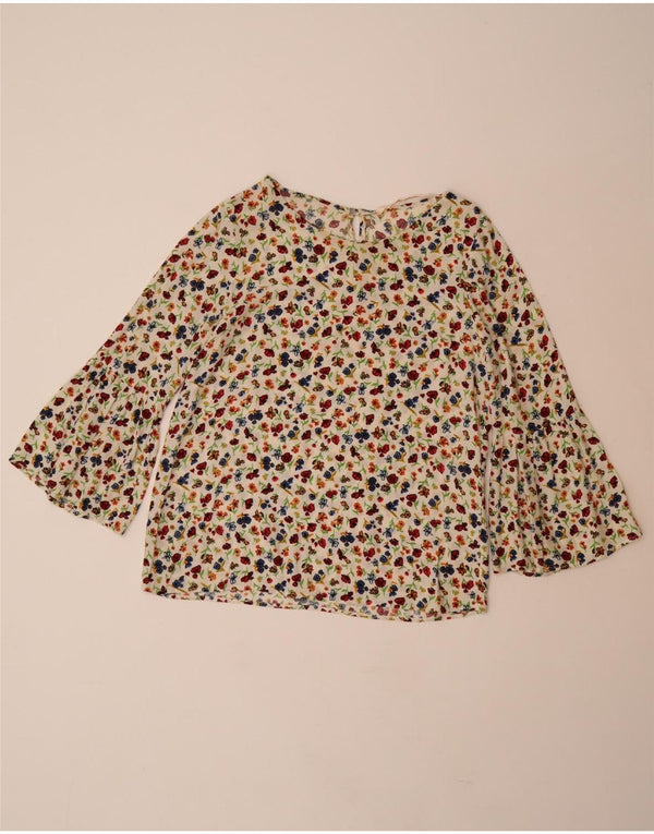 ZARA Camicetta da Donna con Maniche a 3/4 Top UK 10 Piccola Viscosa Floreale Bianco Sporco