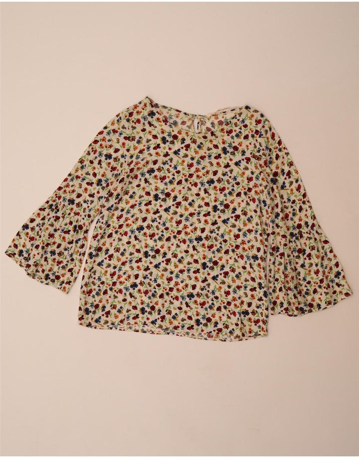 ZARA Camicetta da Donna con Maniche a 3/4 Top UK 10 Piccola Viscosa Floreale Bianco Sporco