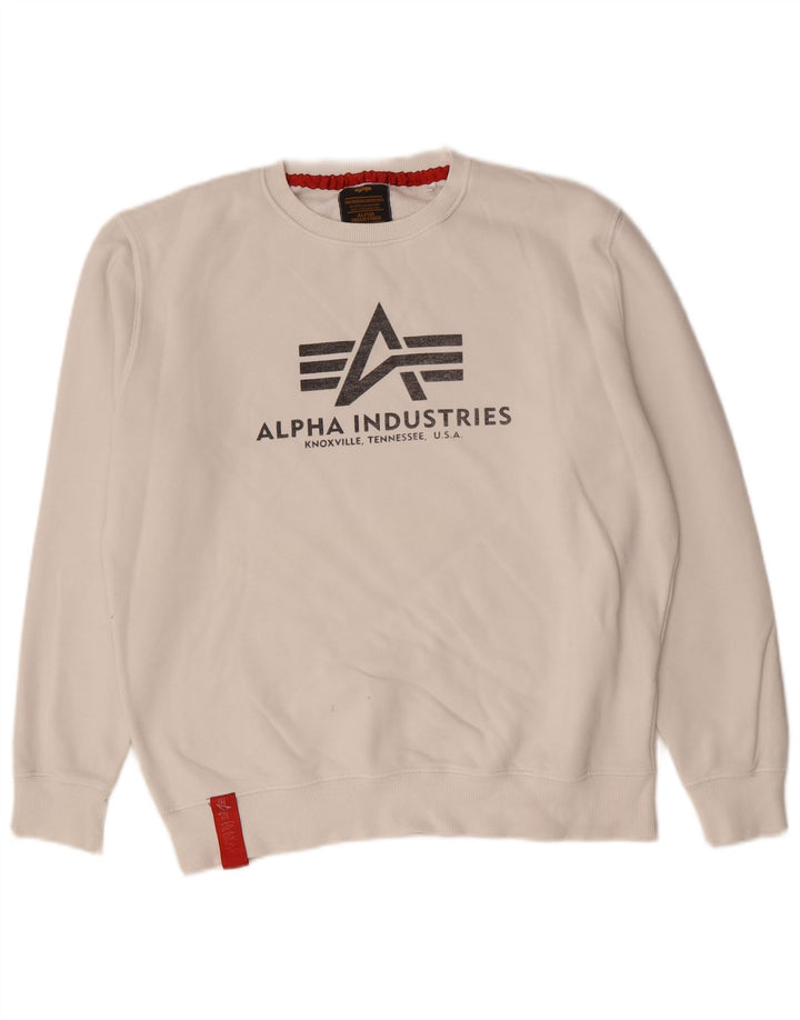 Felpa grafica da uomo Alpha Industries, maglione grande, cotone bianco