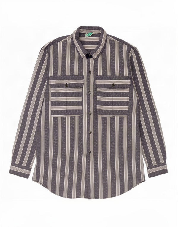 Camicia vintage da uomo taglia 44 XL poliestere a righe blu navy