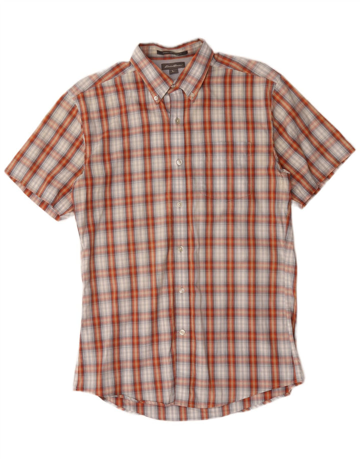Camicia da uomo a maniche corte classica Eddie Bauer in cotone a quadri arancione piccolo