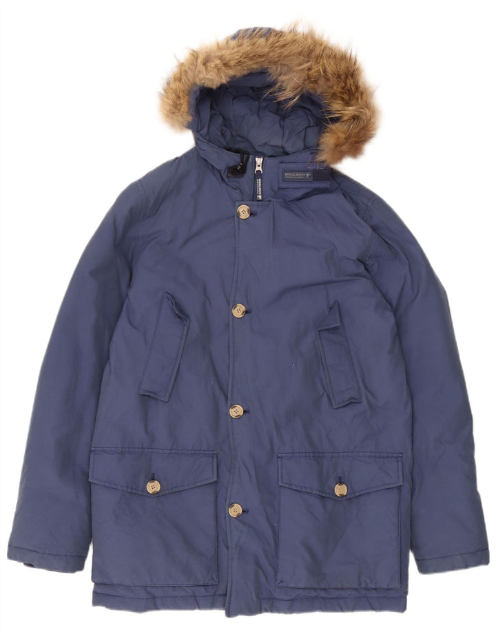 Cappotto imbottito con cappuccio per ragazzi Woolrich 13-14 anni in cotone blu