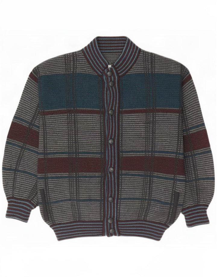 Maglione cardigan vintage da uomo grande in lana scozzese grigia