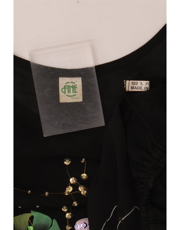 VINTAGE Camicetta a pipistrello corta da donna Top UK 18 XL Poliestere floreale nero