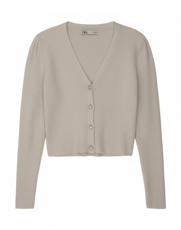 Maglione cardigan corto da donna Zara UK 14 grande nylon bianco sporco