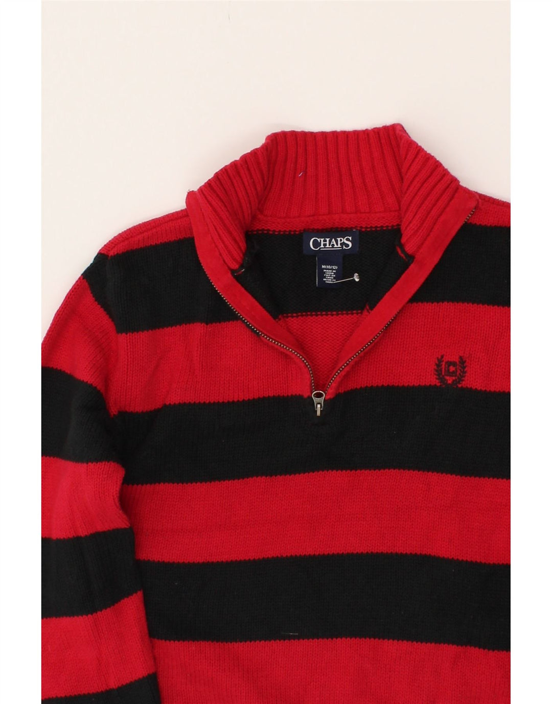 CHAPS Boys Zip Neck Jumper Sweater 10-11 Years Medium Red Striped Cotton Vintage Chaps and Second-Hand Chaps from Messina Hembry 