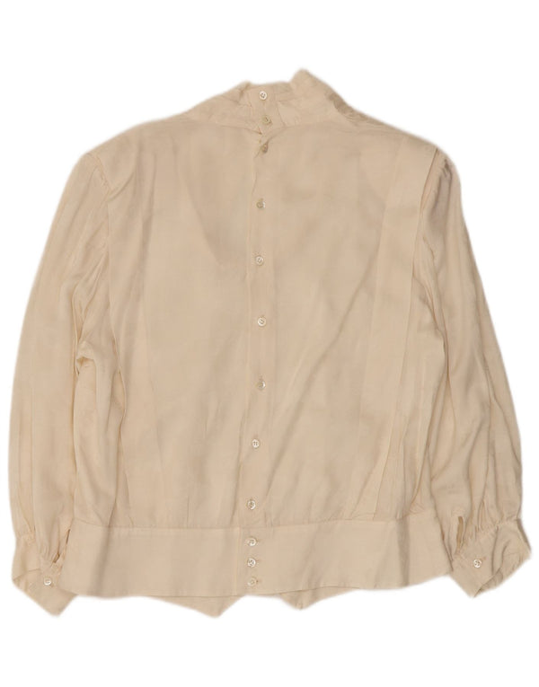 Camicetta camicia a maniche 3/4 da donna VINTAGE UK 14 grande floreale bianco sporco