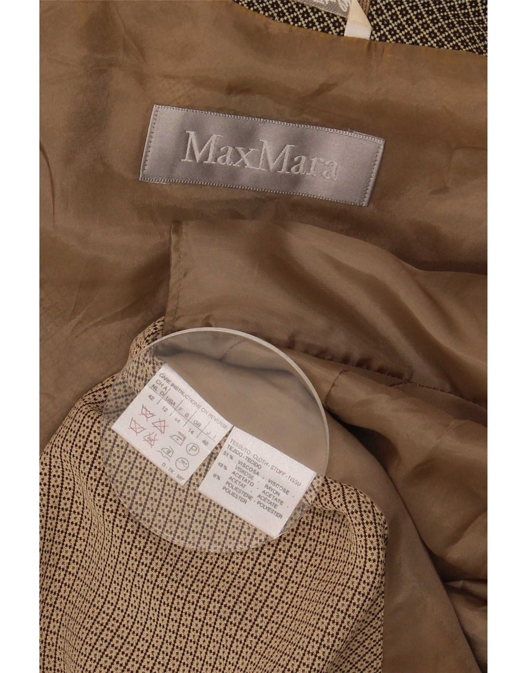 Giacca blazer a 4 bottoni da donna Max Mara UK 14 grande viscosa geometrica marrone