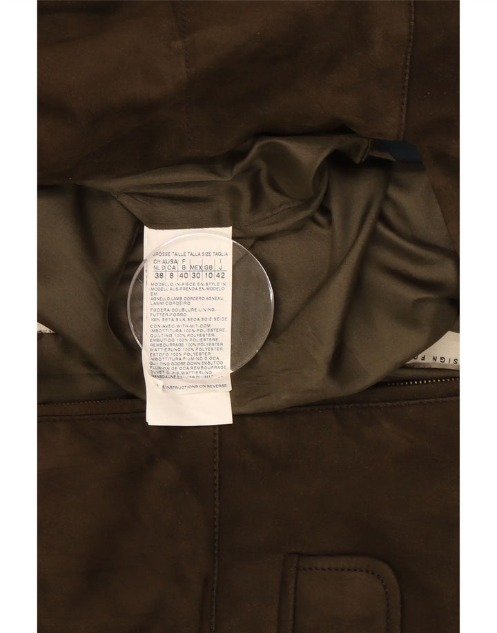 Giacca imbottita in pelle scamosciata con cappuccio da donna Max Mara UK 10 piccolo motociclista in pelle kaki
