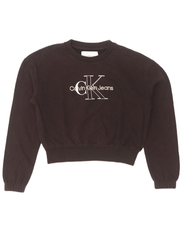 Calvin Klein Jeans da donna Crop Graphic Felpa Maglione UK 10 Piccolo Nero