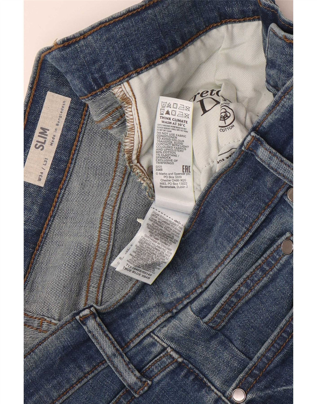 Jeans slim da uomo Marks & Spencer W34 L31 cotone blu