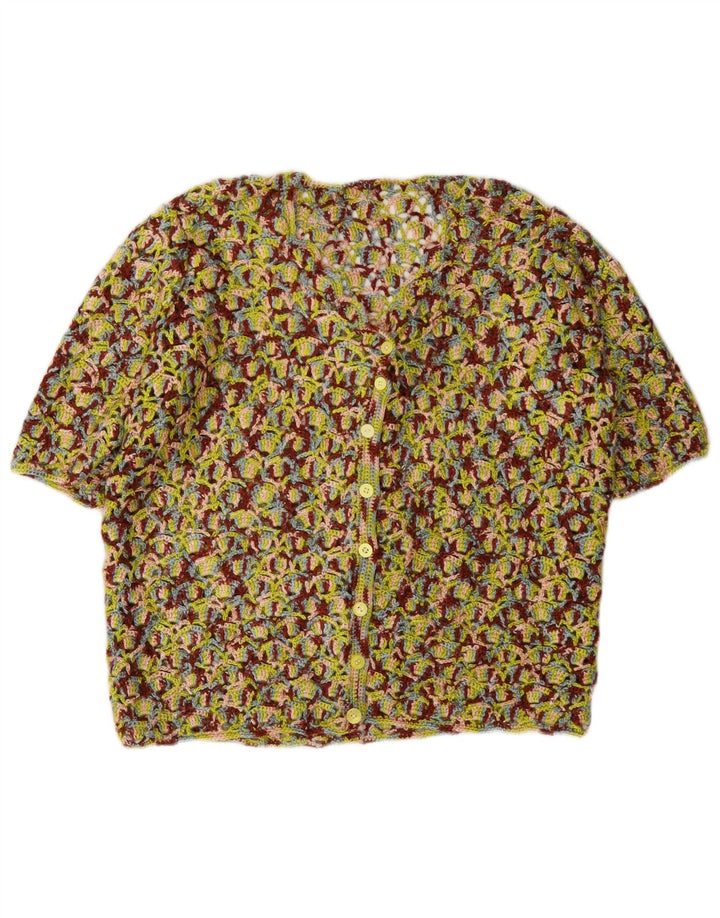 Maglione cardigan a maniche corte da donna vintage UK 14 medio multicolore