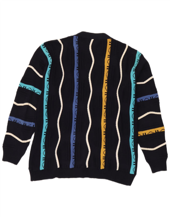 Maglione cardigan da uomo vintage in cotone a righe medie blu navy