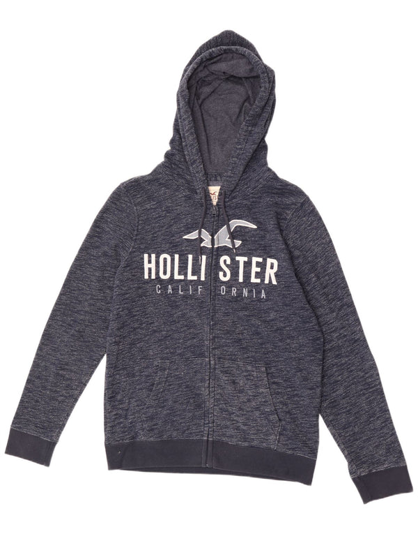 Felpa con cappuccio e zip grafica Hollister da uomo, blu navy medio chiazzato