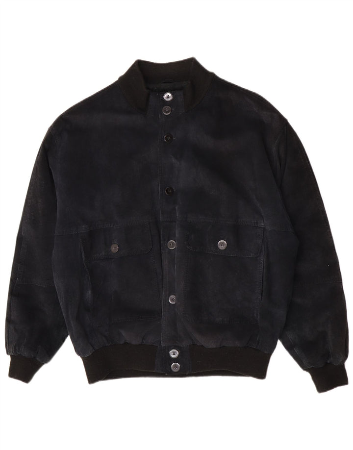 Giubbotto bomber in pelle scamosciata dal taglio ampio da uomo John Monroe UK 36 piccolo blu navy