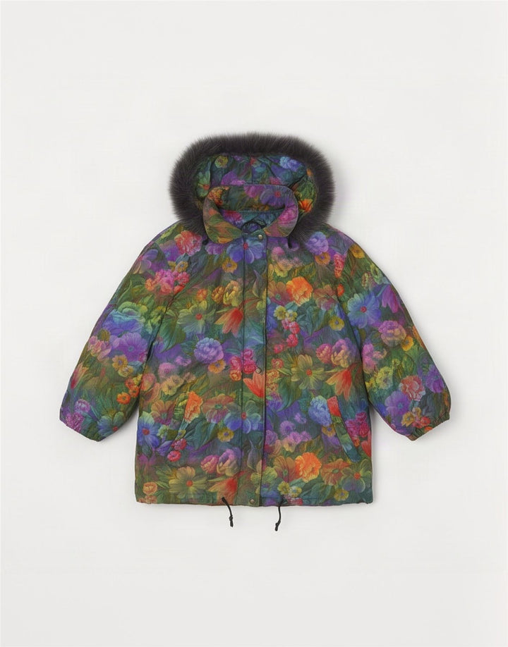 Giacca imbottita con cappuccio da donna vintage UK 14 floreale multicolore medio