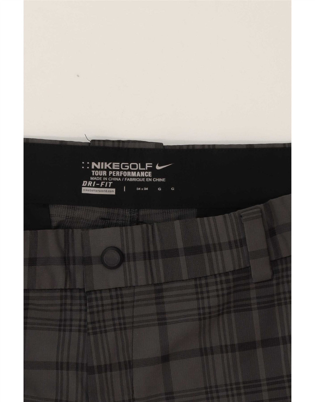 Pantaloni chino dritti Nike Dri Fit da uomo W34 L31 poliestere a quadri grigi