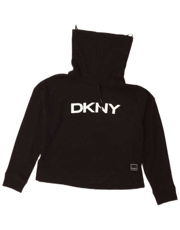 DKNY Womens Oversized Crop Graphic Sweatshirt Jumper UK 6 XS Black Cotton