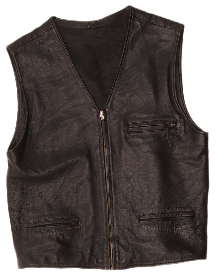 Gilet in pelle vintage da uomo UK 36 piccolo nero