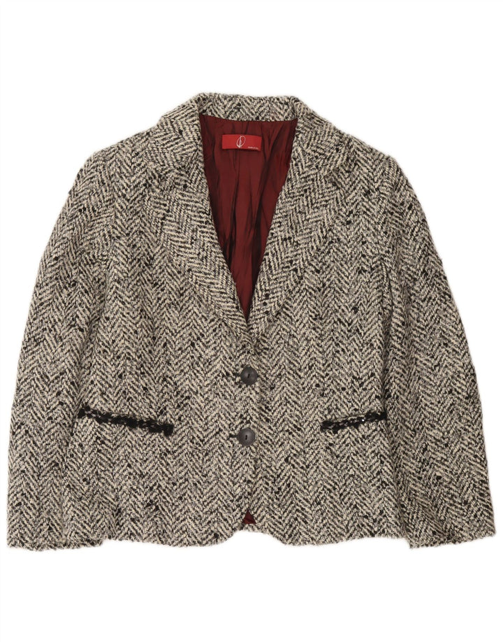 Giacca blazer vintage da donna a 2 bottoni IT 46 grande lana a spina di pesce grigia