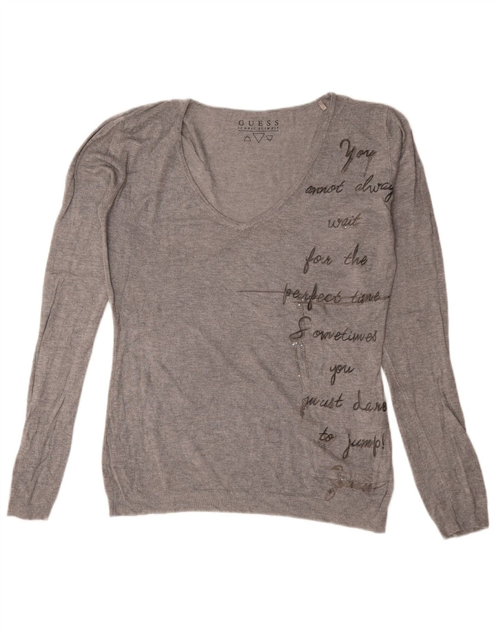 Maglione Guess da donna oversize con scollo a V grafico UK 8 piccolo grigio