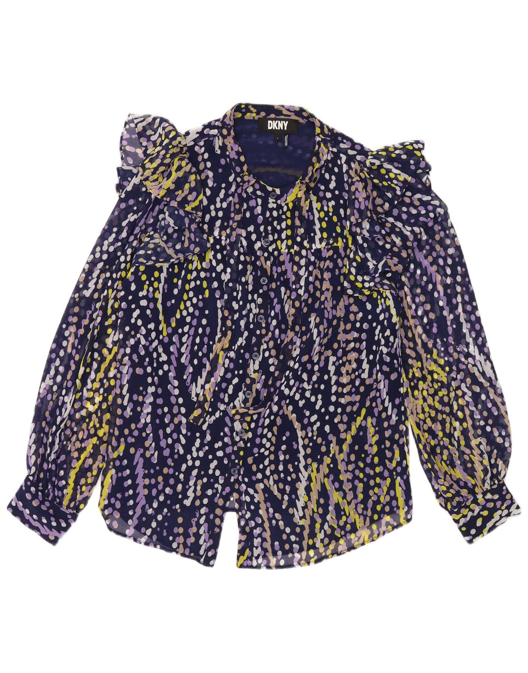 Dkny Camicia da donna con volant sul davanti, camicetta UK 16 grande blu navy maculato