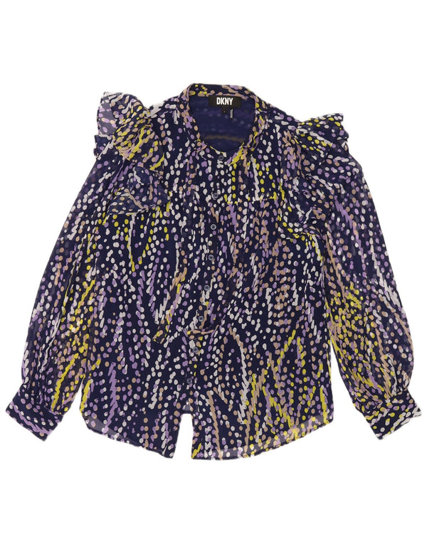Dkny Camicia da donna con volant sul davanti, camicetta UK 16 grande blu navy maculato