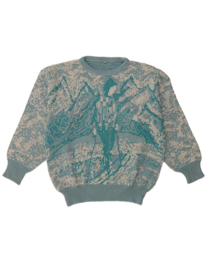 Maglione girocollo da donna vintage con motivo astratto girocollo UK 16 grande blu