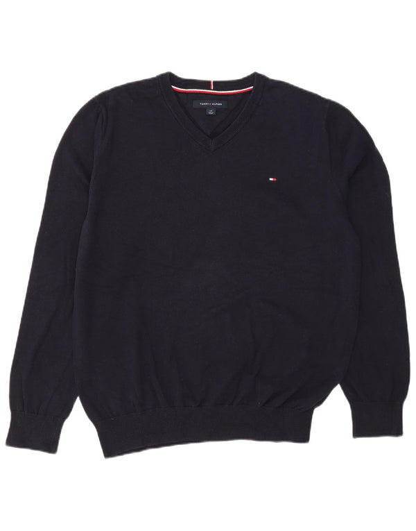 Tommy Hilfiger Mens V-Neck Jumper Sweater Large Navy Blue Cotton