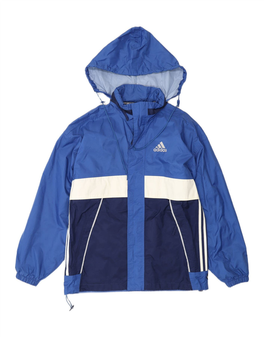 ADIDAS Mens Hooded Rain Jacket UK 36/38 Small Blue Colourblock Polyamide Vintage Adidas and Second-Hand Adidas from Messina Hembry 