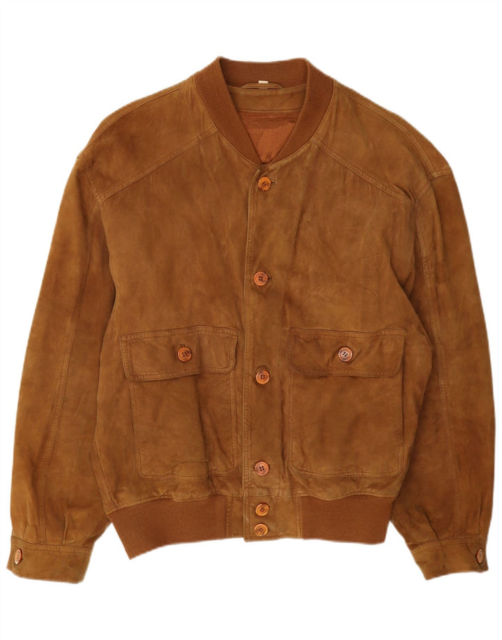Giubbotto bomber vintage in pelle scamosciata da uomo IT 46 piccolo in pelle beige