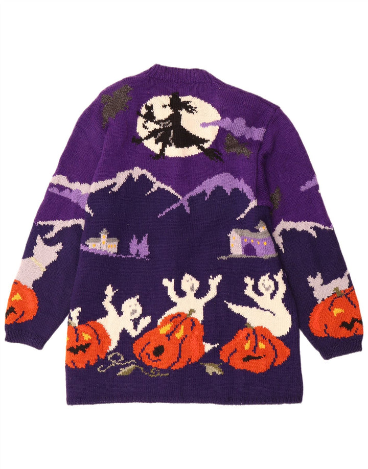 Maglione cardigan grafico da donna VINTAGE UK 20 2XL Lana color block viola