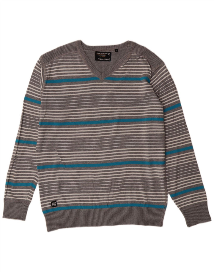 ANGELO LITRICO Maglione da uomo con scollo a V a righe grandi grigie