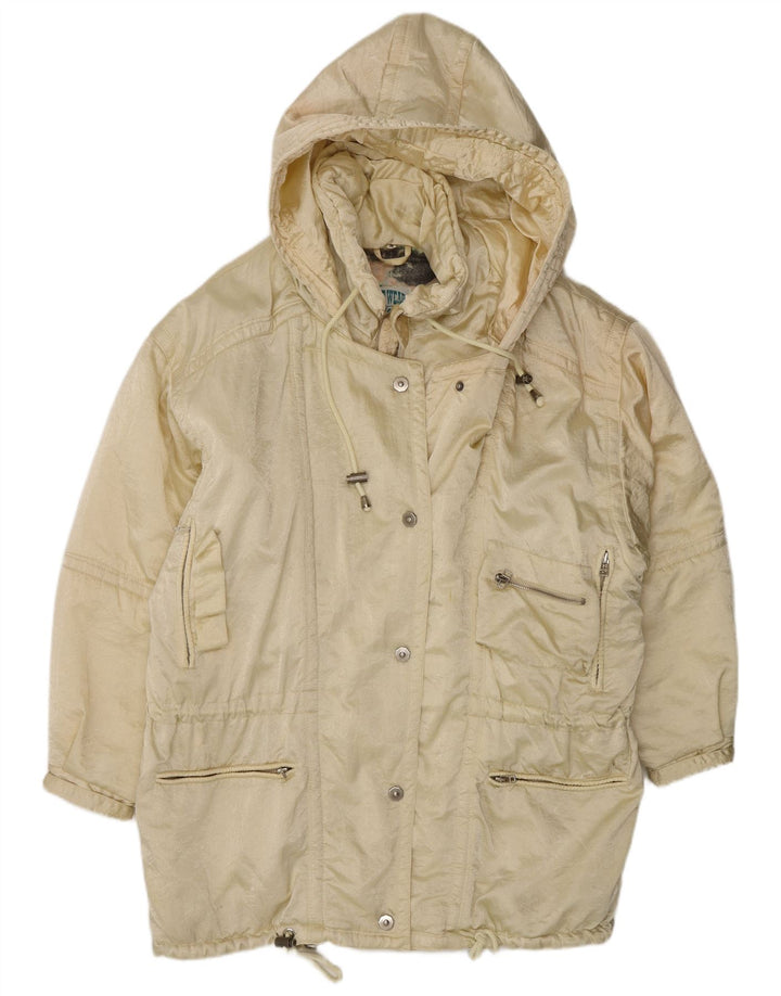 Cappotto vintage da donna oversize con cappuccio, giacca a vento UK 14, nylon giallo medio