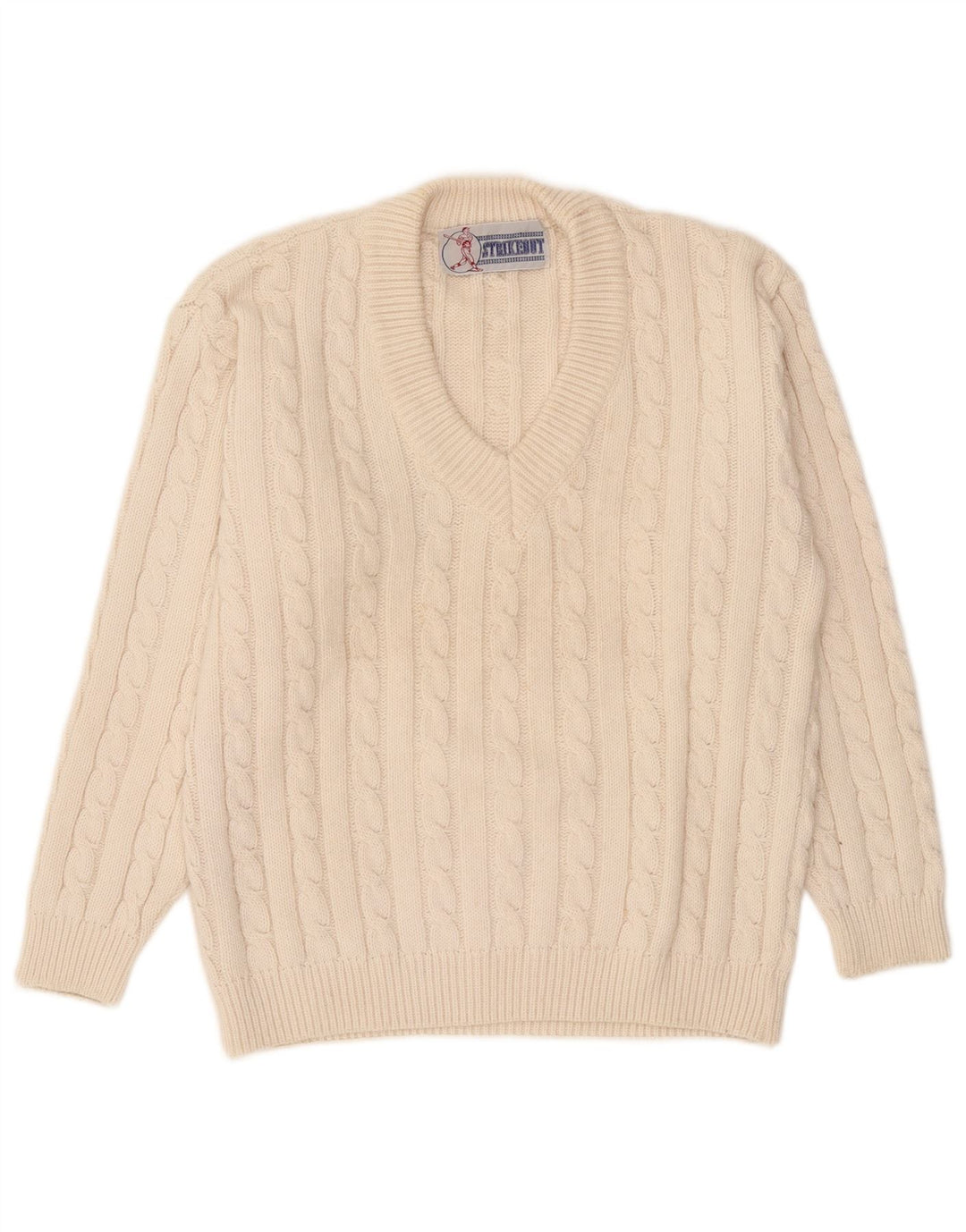 Maglione vintage da uomo con scollo a V, acrilico bianco sporco medio