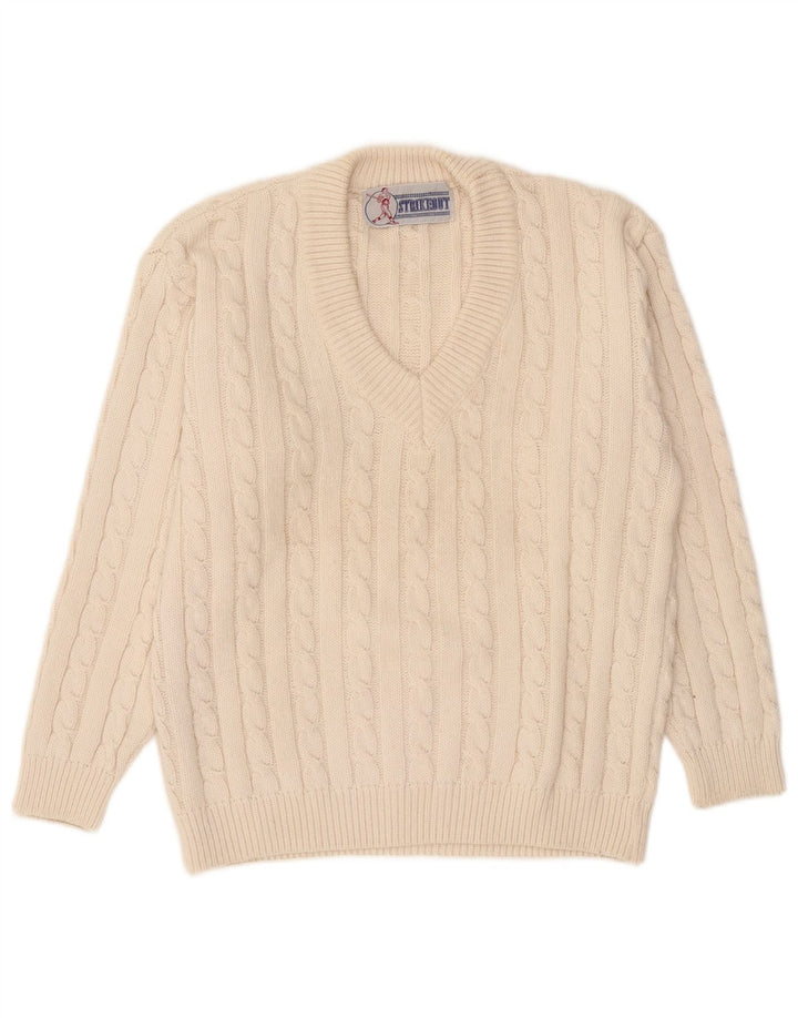 Maglione vintage da uomo con scollo a V, acrilico bianco sporco medio