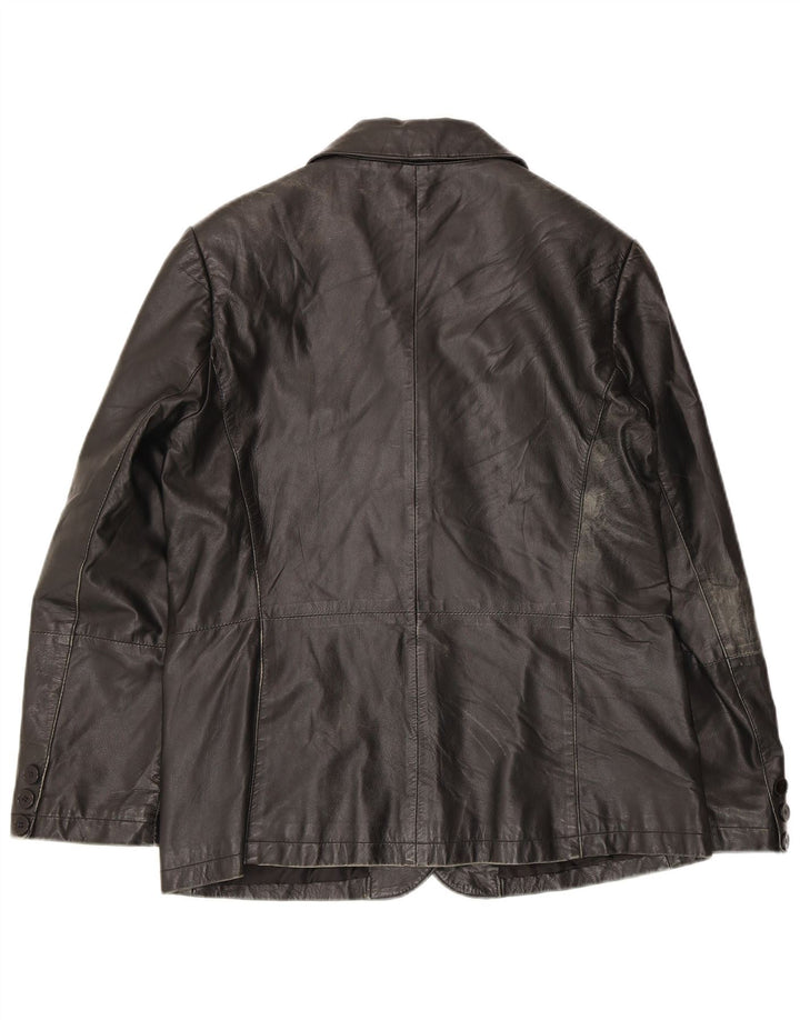 Giacca blazer in pelle vintage da donna a 3 bottoni UK 14 pelle nera media